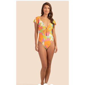 Trina Turk Womens Playa De Flor Flutter Maillot One-Piece Swimsuit Keyhole Size